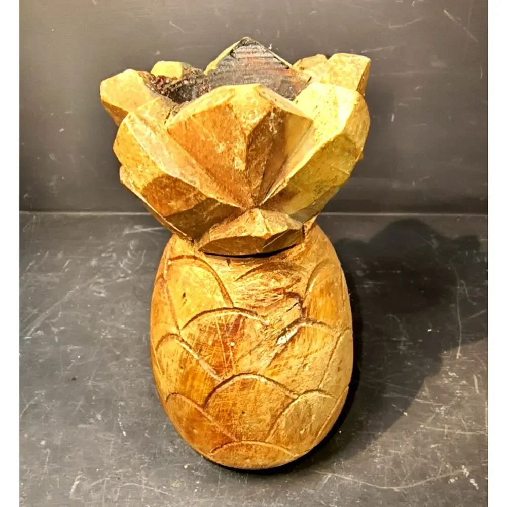1997.  Vintage Hand Carved Wooden Pineapple Candlestick Holder Faceted Leaf Top